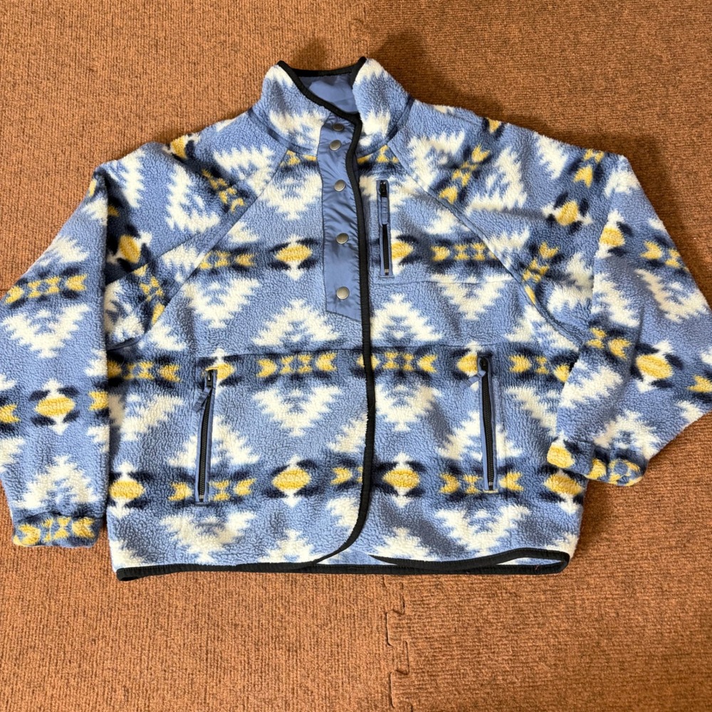 American Eagle Blue Aztec Fleece‎ Jacket Snap Neck Pullover Womens XS Oversized